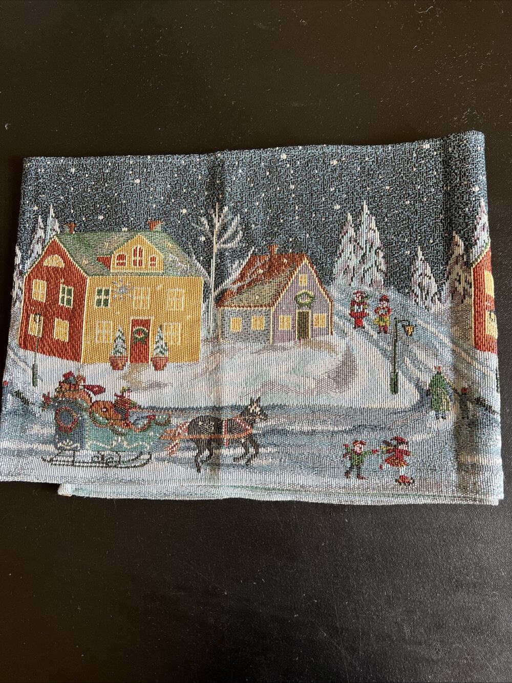 Tapestry Table Runner 12.5x68 Winter Christmas Village Currier & Ives Style